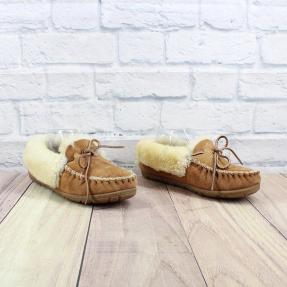 LL BEAN Brown Suede Shearling Lined Wicked Good Moccasin Slippers 8 M - Picture 3 of 10